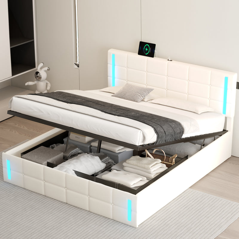 Upholstered Bed with PU Button Headboard, LED Lights, Hydraulic Storage System, and USB Charging Station