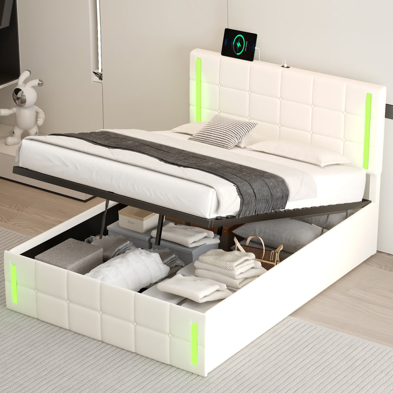 Upholstered Bed with PU Button Headboard, LED Lights, Hydraulic Storage System, and USB Charging Station