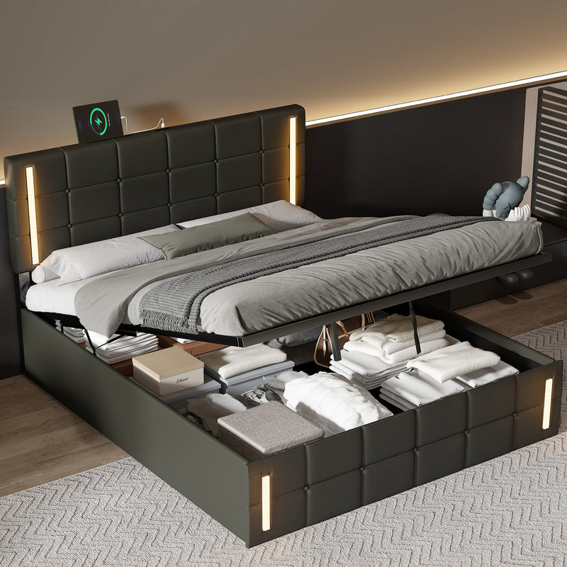 Upholstered Bed with PU Button Headboard, LED Lights, Hydraulic Storage System, and USB Charging Station