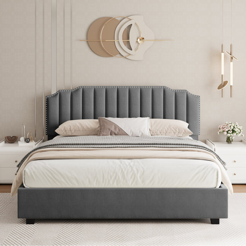 Queen Size Velvet Bed Frame Storage Bed, Gray