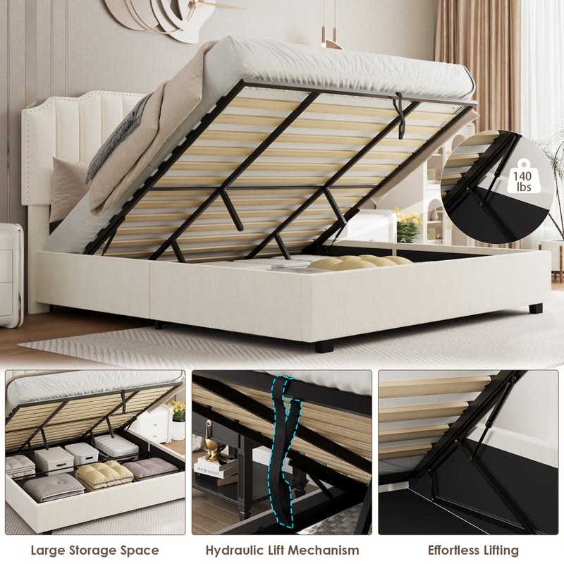 Queen Size Lift-up Beige Velvet  Bed With Storage Space