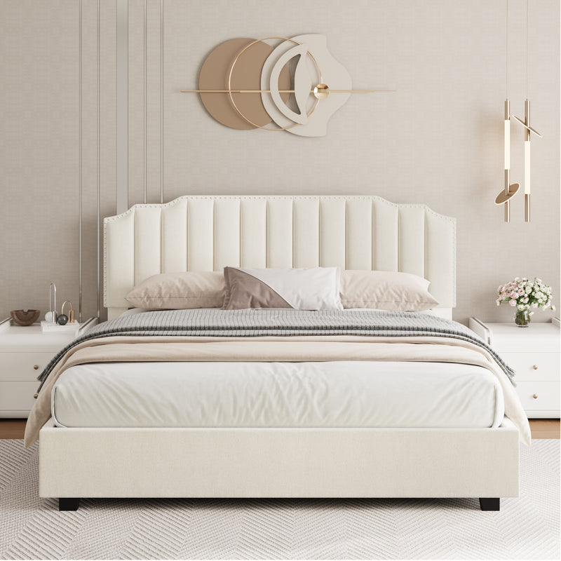 Queen Size Lift-up Beige Velvet  Bed With Storage Space