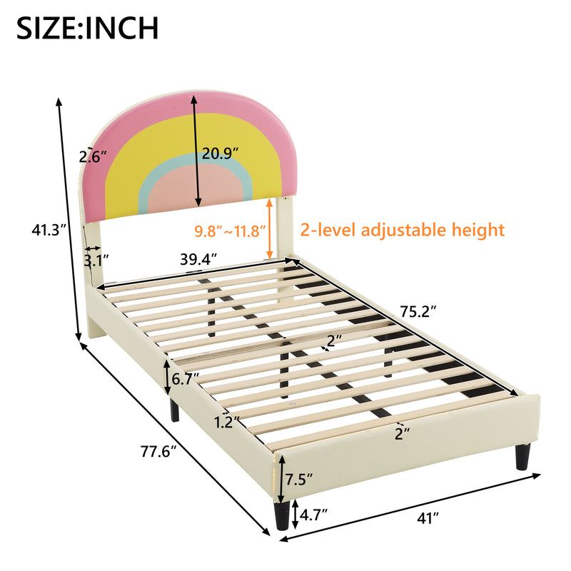 Twin Size Upholstered Platform Bed with Height-adjustable Headboard, LED Light, Beige