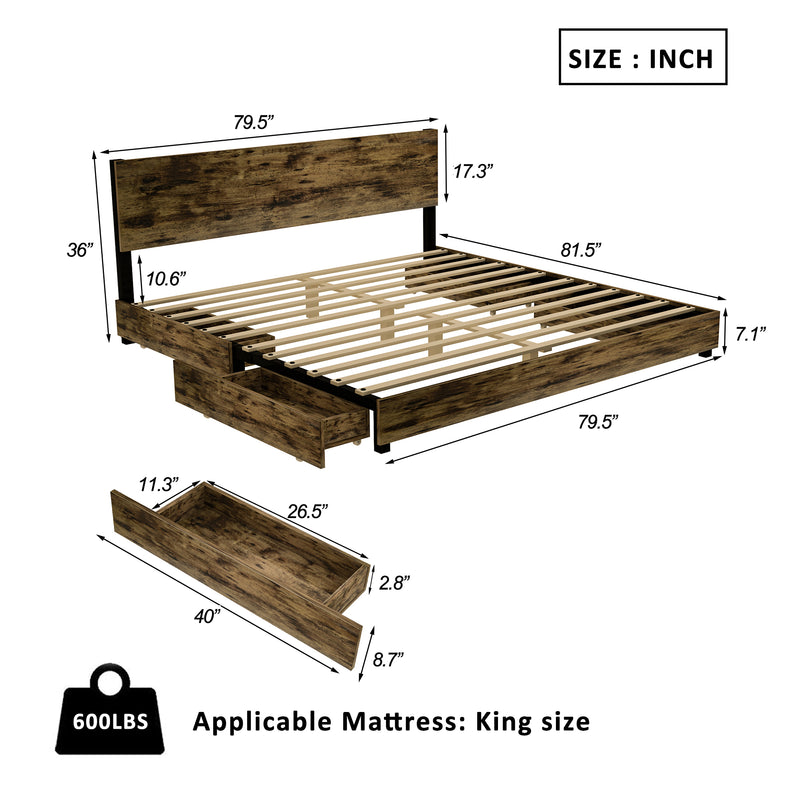 King-Size Bed Frame with Four-Compartment Storage and Headboard, No Noise, No Spring Box