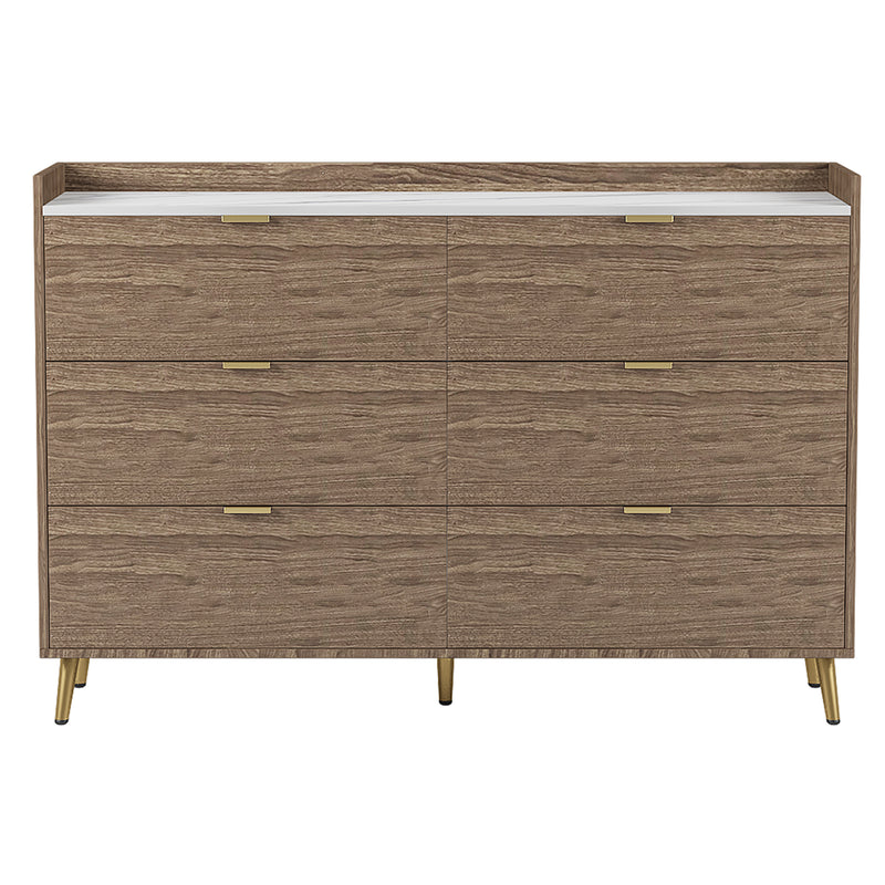 55" Storage Cabinet Modern Dresser with Marbling Worktop, 6 Drawer, Metal Leg and Handle