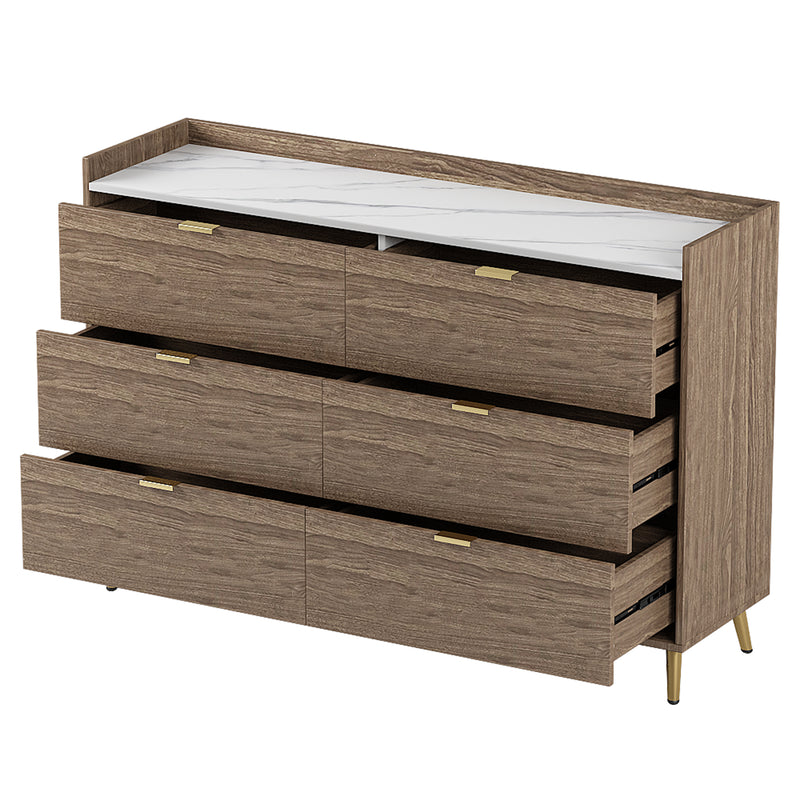 55" Storage Cabinet Modern Dresser with Marbling Worktop, 6 Drawer, Metal Leg and Handle