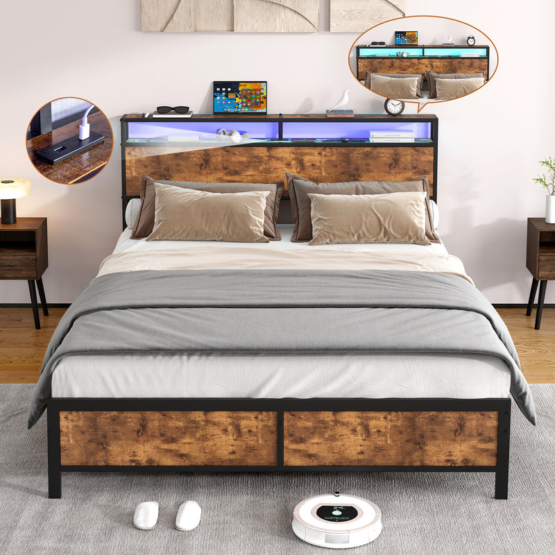Queen Size Bed Frame with LED Lights and 2 USB Ports, Rustic Brown
