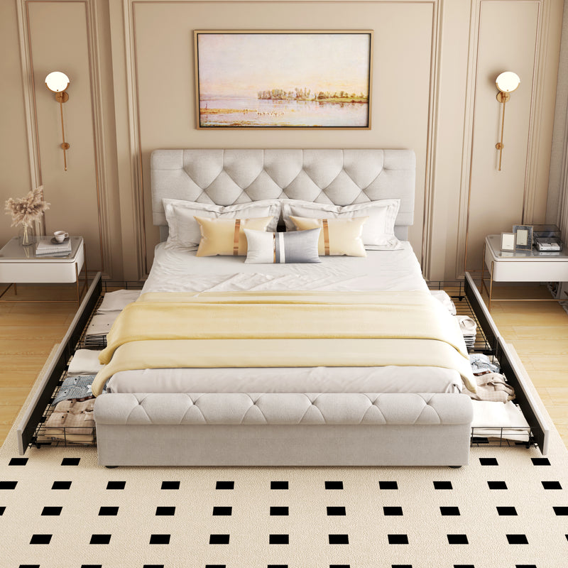 Upholstered Platform bed with 4 Drawers,  and Curved Headboard,  Beige