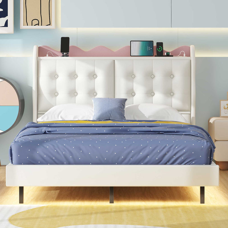 Upholstery Platform Bed Frame with Headboard Storage Space and shelves, LED Light, and Two USB Charging Station
