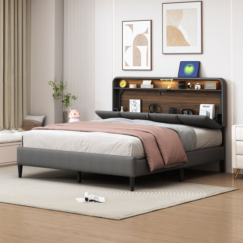 Upholstered Platform Bed with Storage Headboard, Sensor Light, a set of Sockets and USB Ports, Full/Queen
