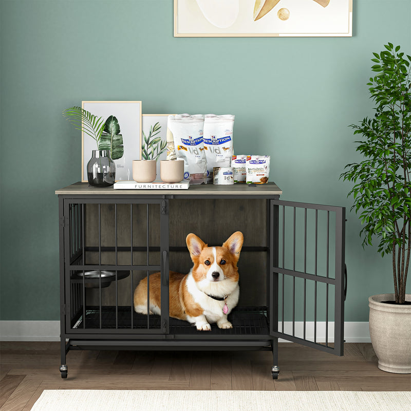 Dog crate with Removable Tray, Double-Door Dog House with lift Panel, and 3 Height Adjustable Feeding Bowls