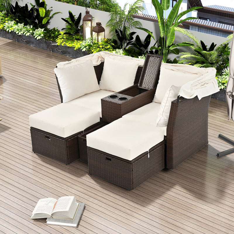 2-Seater Outdoor Sofa Set with Foldable Awning, Storage and Cushions, Beige and Gray