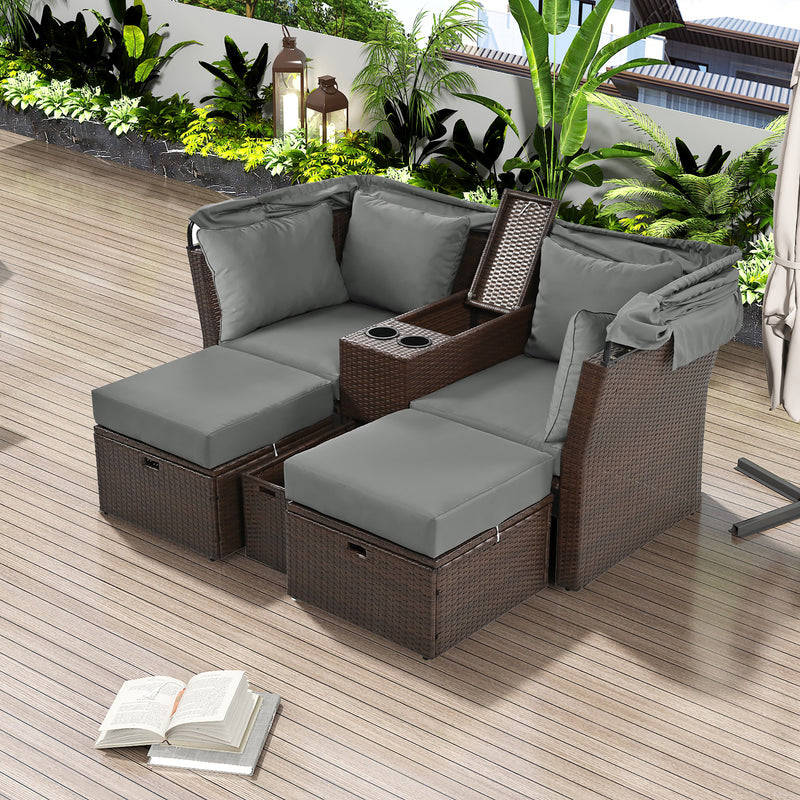 2-Seater Outdoor Sofa Set with Foldable Awning, Storage and Cushions, Beige and Gray