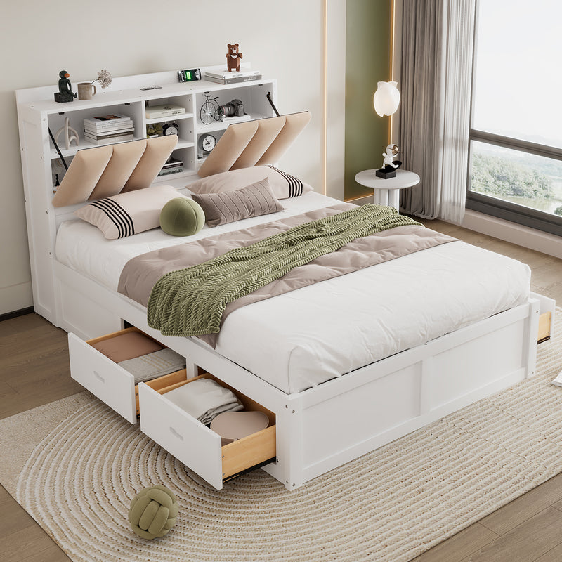 Full Size Bed Frame with 4 Storage Drawers, Wood Upholstered Platform Bed with Storage Shelves Headboard, and USB port