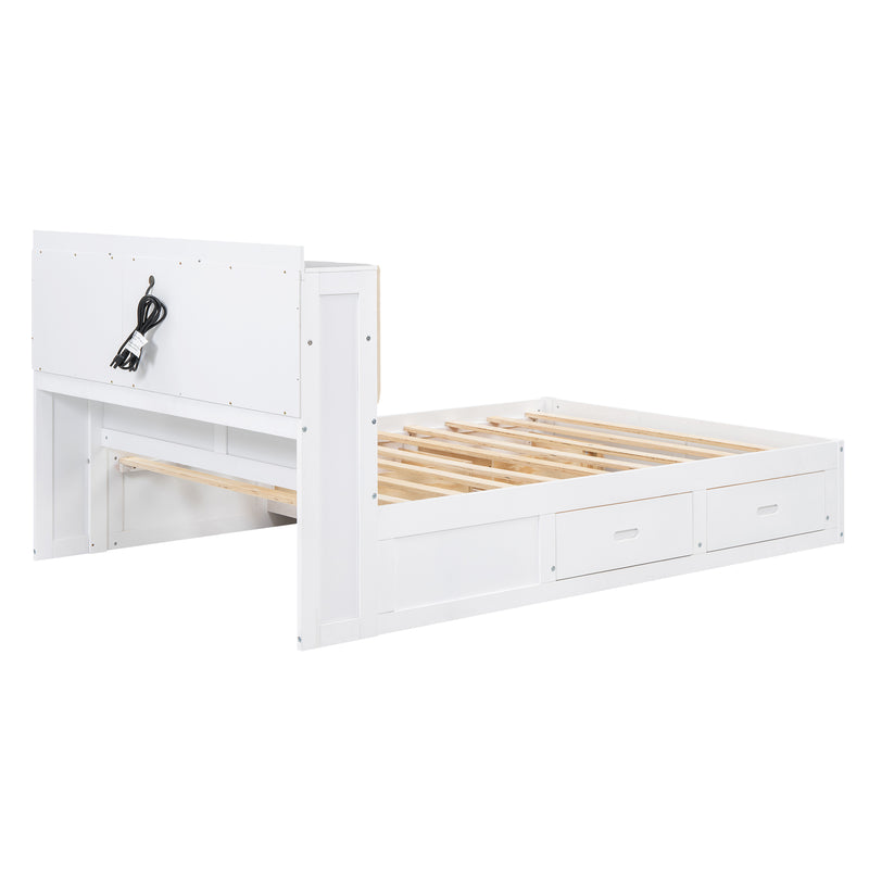 Full Size Bed Frame with 4 Storage Drawers, Wood Upholstered Platform Bed with Storage Shelves Headboard, and USB port