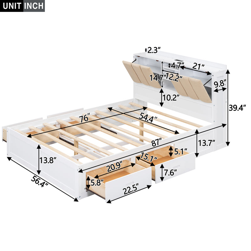 Full Size Bed Frame with 4 Storage Drawers, Wood Upholstered Platform Bed with Storage Shelves Headboard, and USB port