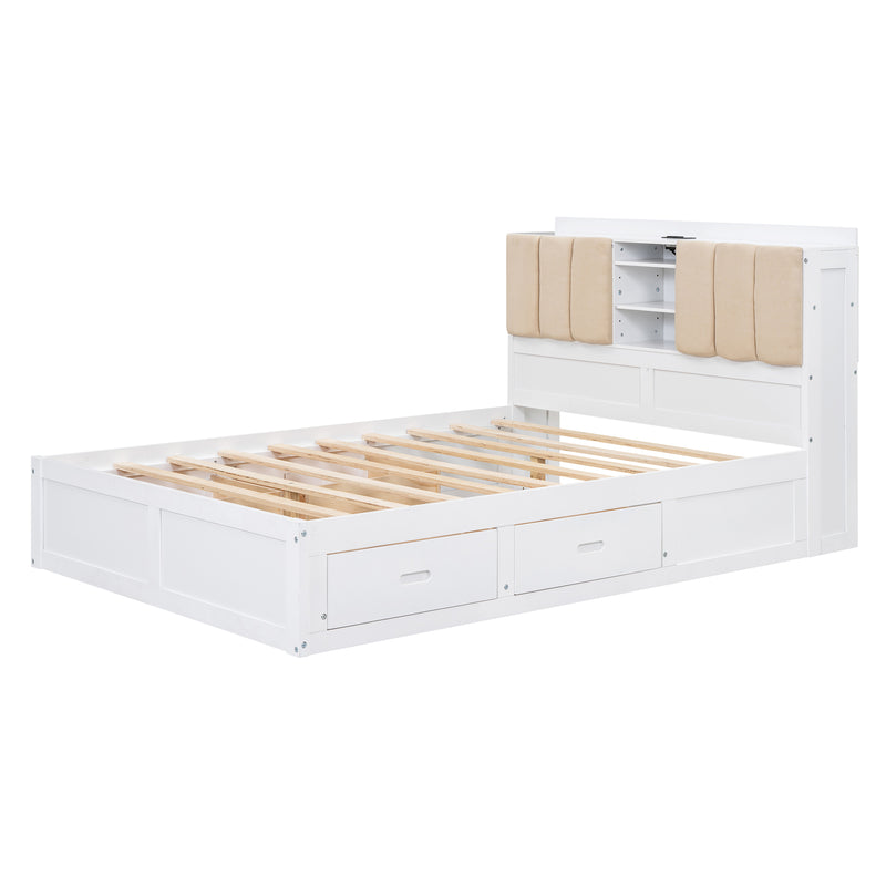 Full Size Bed Frame with 4 Storage Drawers, Wood Upholstered Platform Bed with Storage Shelves Headboard, and USB port