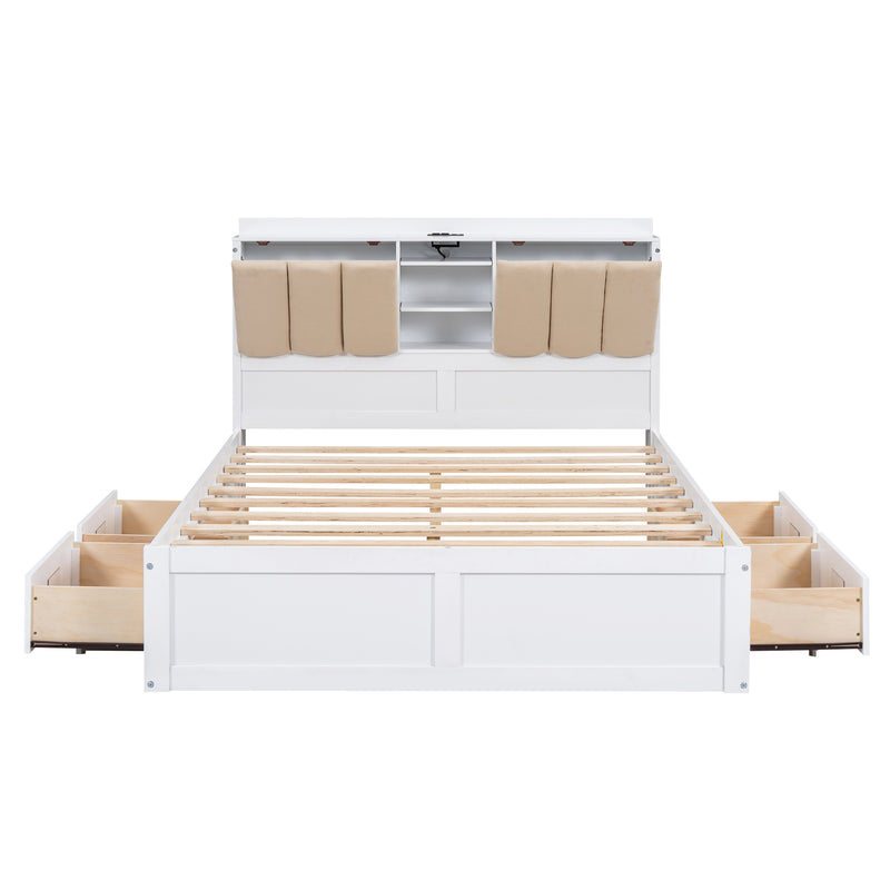 Full Size Bed Frame with 4 Storage Drawers, Wood Upholstered Platform Bed with Storage Shelves Headboard, and USB port