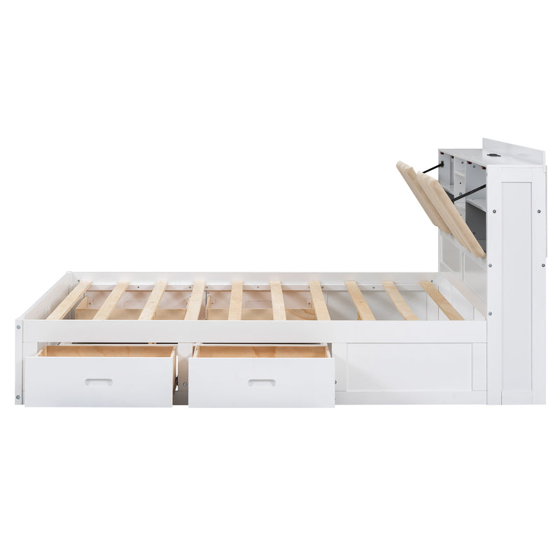 Full Size Bed Frame with 4 Storage Drawers, Wood Upholstered Platform Bed with Storage Shelves Headboard, and USB port