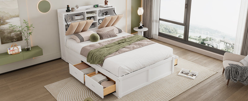 Full Size Bed Frame with 4 Storage Drawers, Wood Upholstered Platform Bed with Storage Shelves Headboard, and USB port