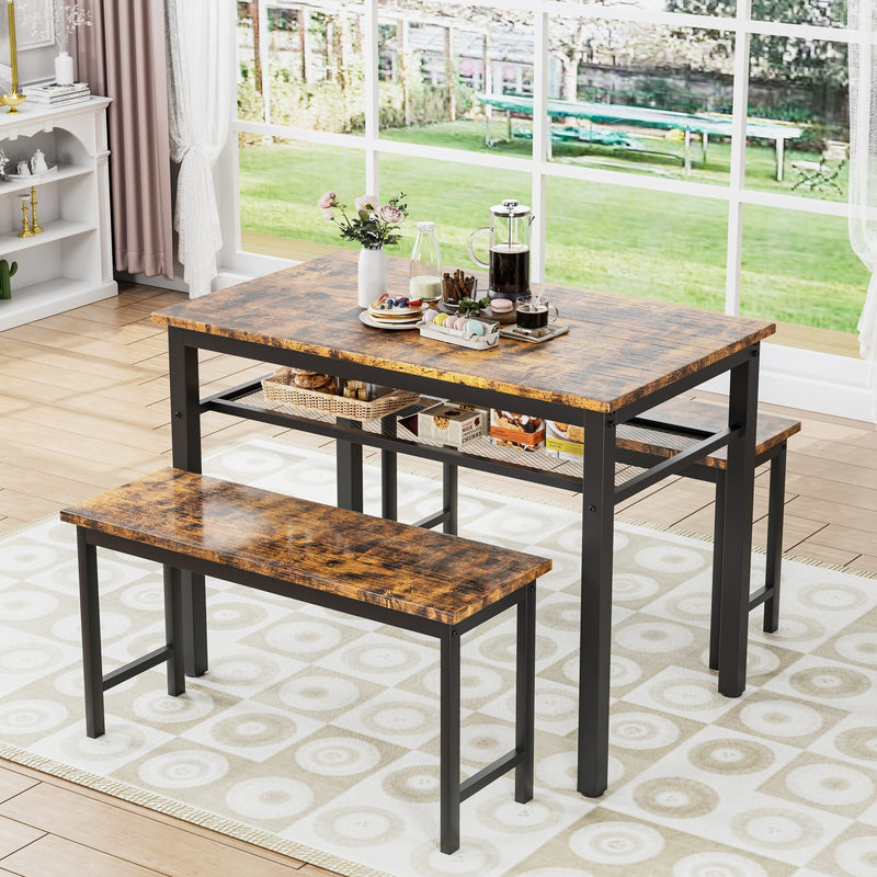 3 Pieces Dining Table Set Industry Style Table with Two Benches