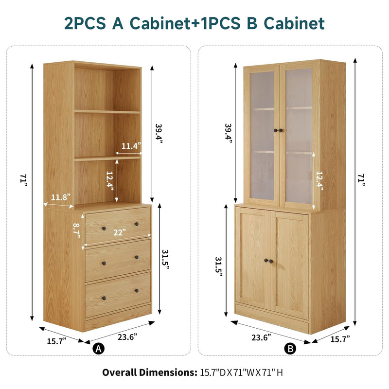 Combination Bookcase 3-Piece Set, 2pcs 71-inch Bookcase with Drawers Shelves, 5-layer Storage Cabinet with Glass Doors