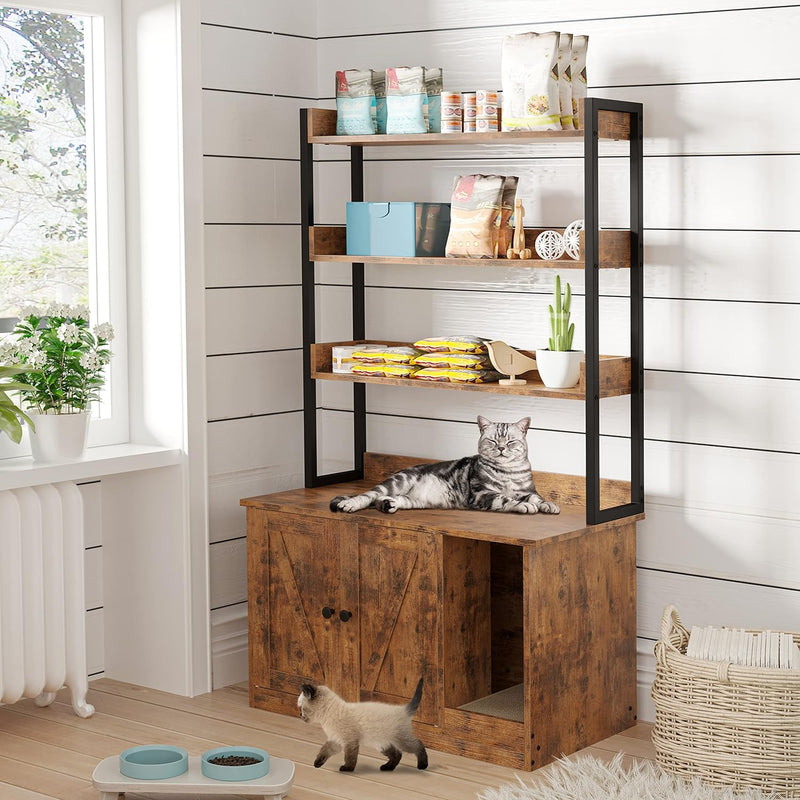 Hidden Cat Litter Box Enclosure with Storage, 3 Shelves and Doors, Fits Most of the Cat Litter Box