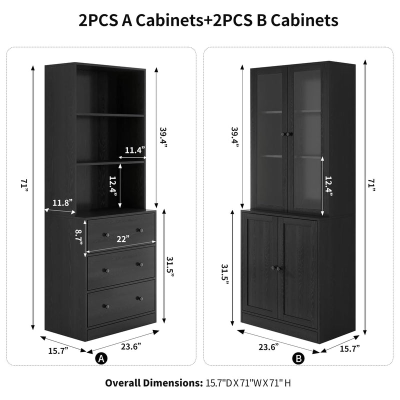 Combination Bookcase 4-Piece Set, 2pcs 71-inch Bookcase with Drawers Shelves, 2pcs 5-layer Storage Cabinet with Glass Doors