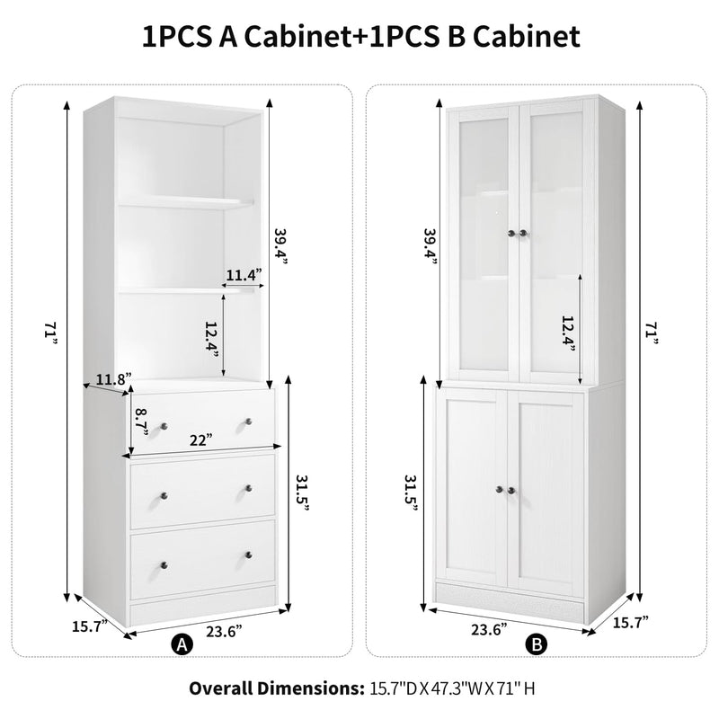 Combination Bookcase 2-Piece Set, 71-inch Bookcase with Drawers Shelves, 5-layer Storage Cabinet with Glass Doors