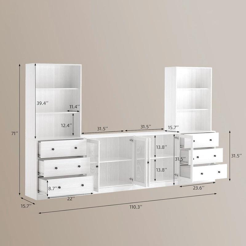 Combination TV Stand with Bookshelves 4-piece Set for TVs up to 75 inches (2A+2D)