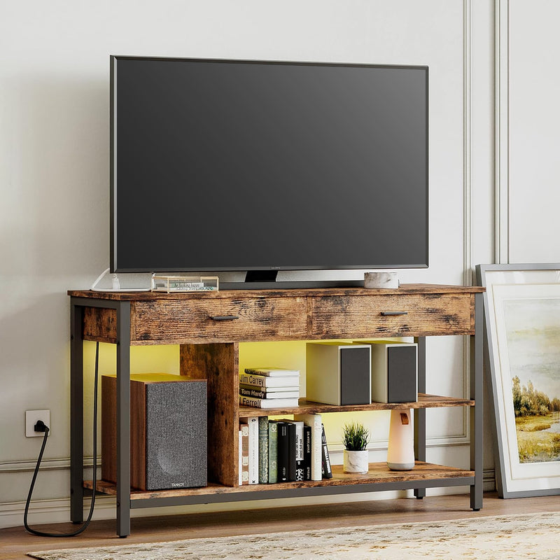 Industrial TV Stand LED Lights Power Outlet for 55 Inch TV, Entertainment Center with Media Storage Shelf and 2 Large Drawers