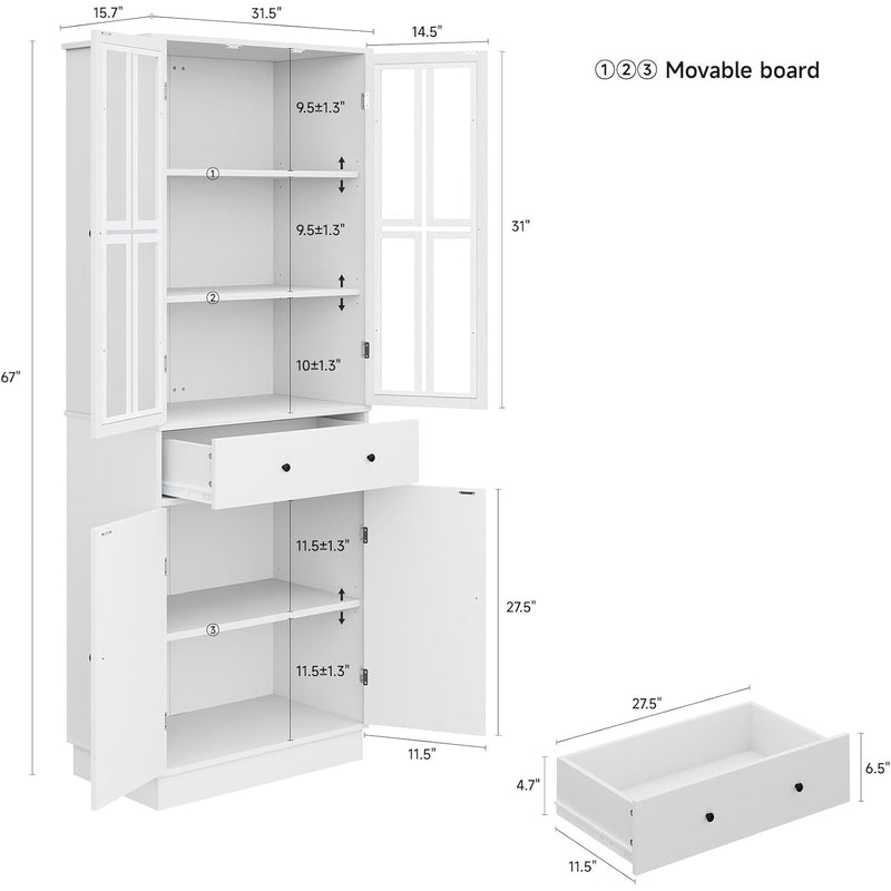 Tall Kitchen Storage Cabinet, Freestanding Storage Cabinet with 4 Doors and Large Drawer, Modern Food Storage Cabinet with 3 Adjustable Shelves