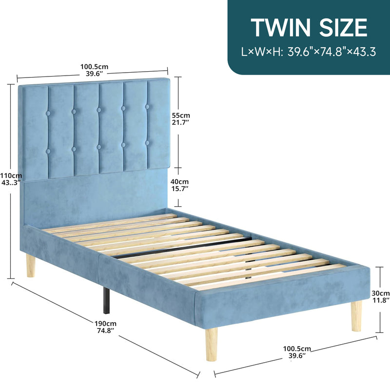 Twin Size Velvet Bed Frame,  Upholstered Platform Bed Frame with Headboard and Wooden Slats