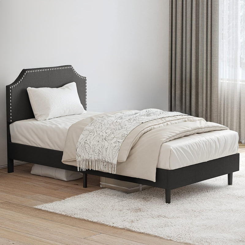 Twin Size Bed Frame, Bed Frame with Height Adjustable Headboard, Nailhead Trim, No Box Spring Required