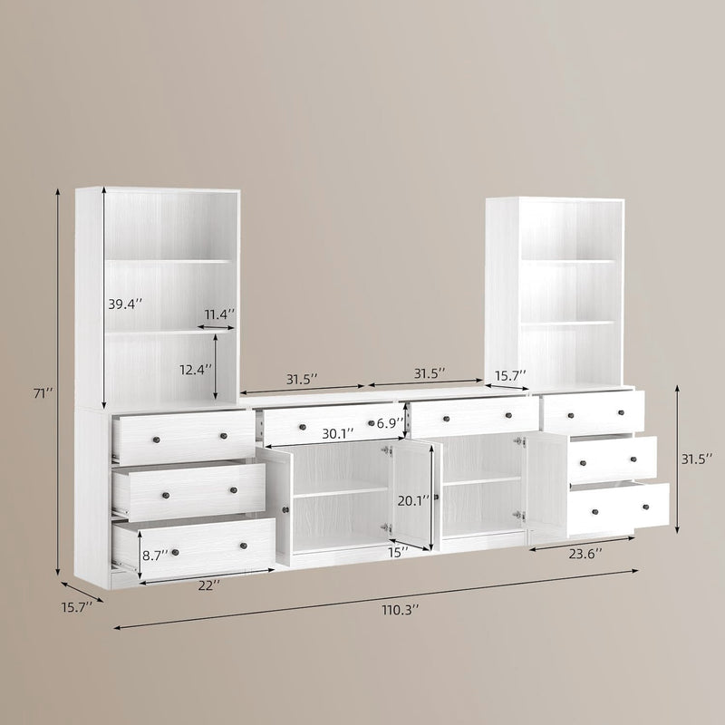 Combination TV Stand with Bookshelves 4-piece Set for TVs up to 75 inches (2A+2C)