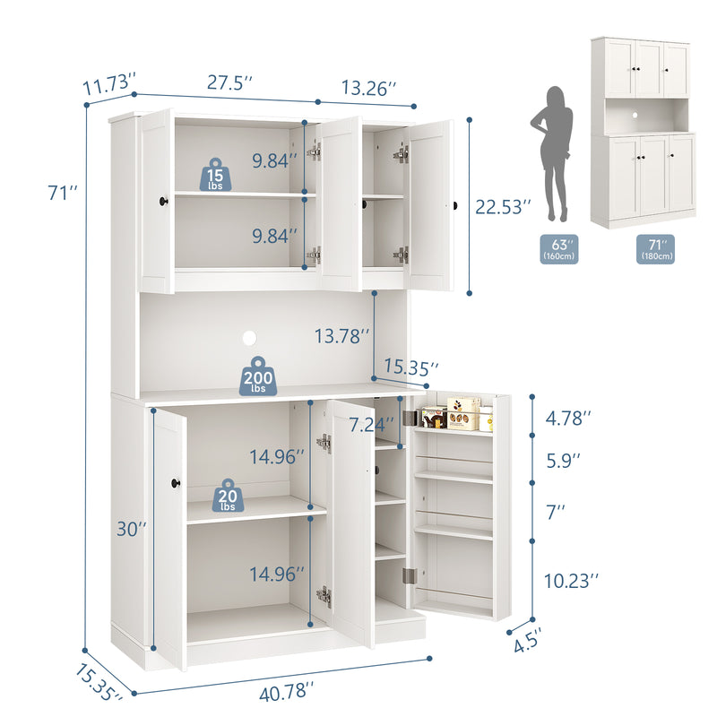 71" Kitchen Storage Cabinets with 6 Doors and Adjustable Shelves, Tall Pantry Cabinets for Kitchen, Dining Room, White