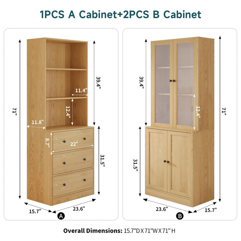 Combination Bookcase 3-Piece Set, 71-inch Bookcase with Drawer Shelves, 2pcs 5-layer Storage Cabinet with Glass Doors