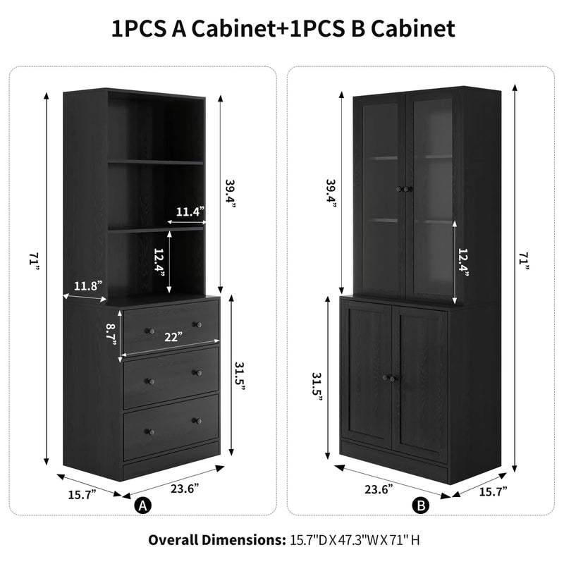 Combination Bookcase 2-Piece Set, 71-inch Bookcase with Drawers Shelves, 5-layer Storage Cabinet with Glass Doors