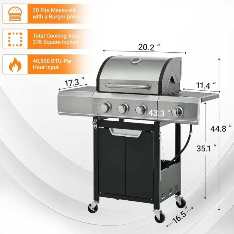 Propane Gas Grill with 40,500 BTU, 3-Burner Stainless Steel BBQ Grill with Side Burner and Knob Controls, Outdoor Barbecue Grill