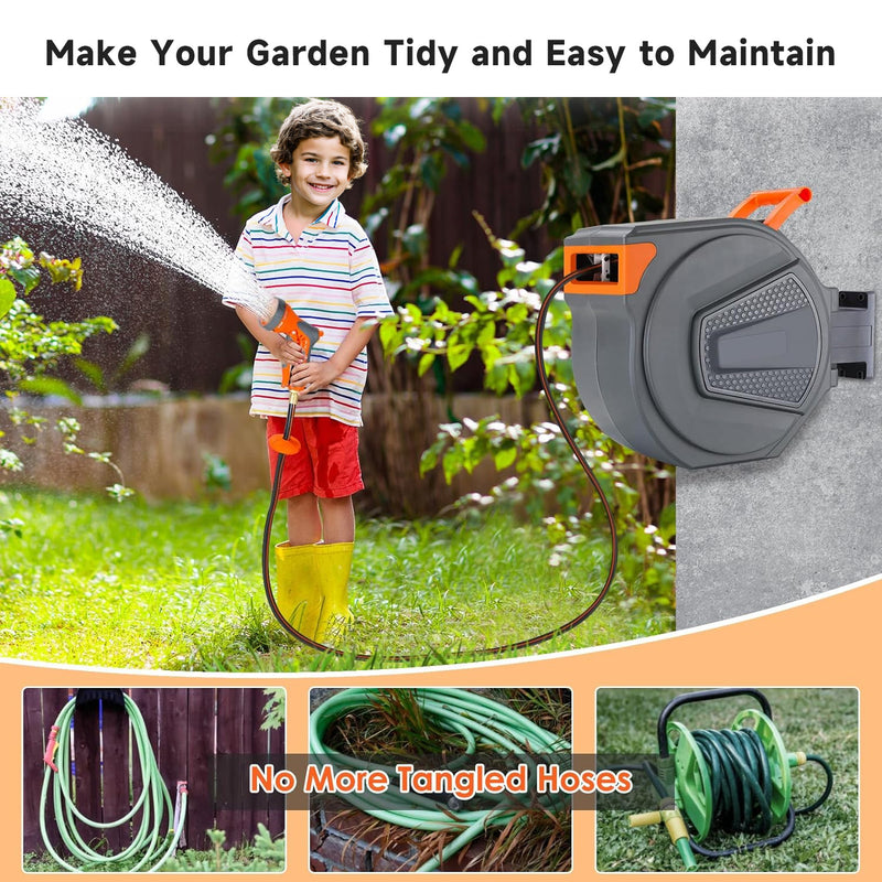 Retractable Garden Hose Reel, 1/2 in x 100 ft Hose Reel Wall Mounted Heavy Duty with 9-Function Nozzle Rewind Storage