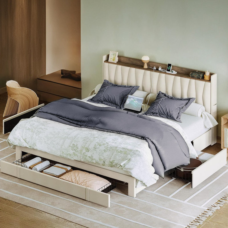 Bed Frame with 3 Drawers, Upholstered Platform Bed with Storage Headboard and Charging Cradle, No Box Spring Needed