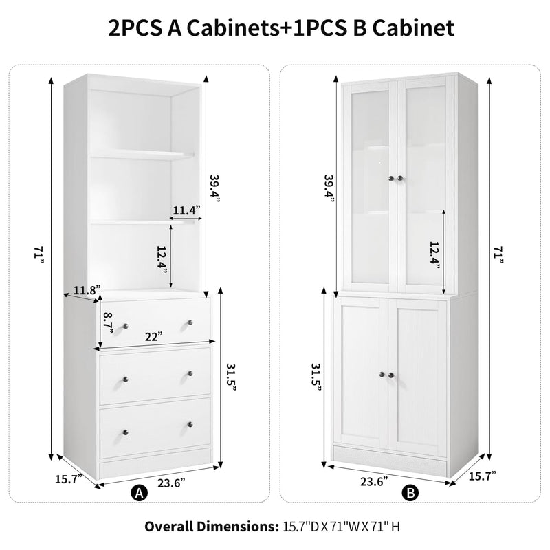 Combination Bookcase 3-Piece Set, 2pcs 71-inch Bookcase with Drawers Shelves, 5-layer Storage Cabinet with Glass Doors