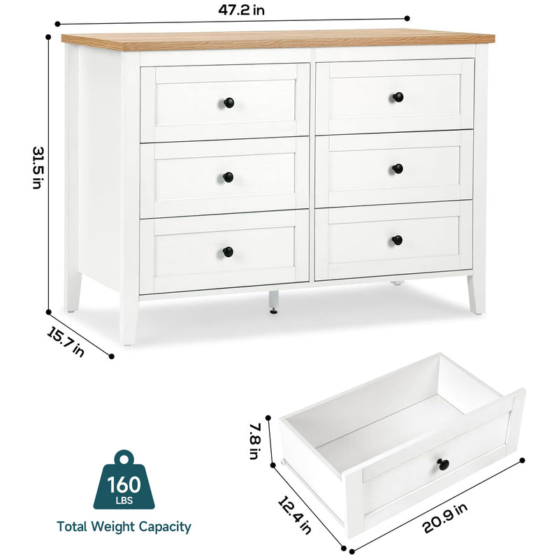 Traditional White Dresser 6 Drawers Dresser Storage Cabinet
