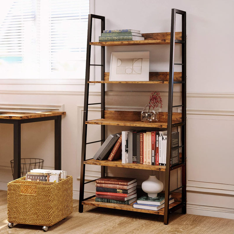 Industrial Bookshelves and Bookcases Ladder Shelf 5 Tier with Metal Frame