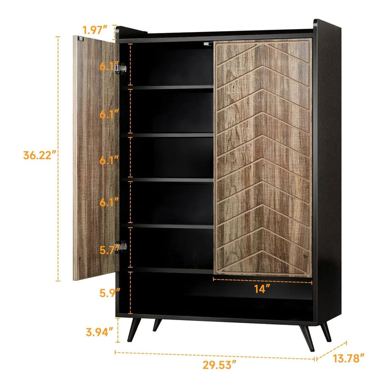 Freestanding Shoe Cabinet with Adjustable Shelves, 6-Shelf Shoe Cabinet with Doors Bottom Storage Cubby, Black and Brown