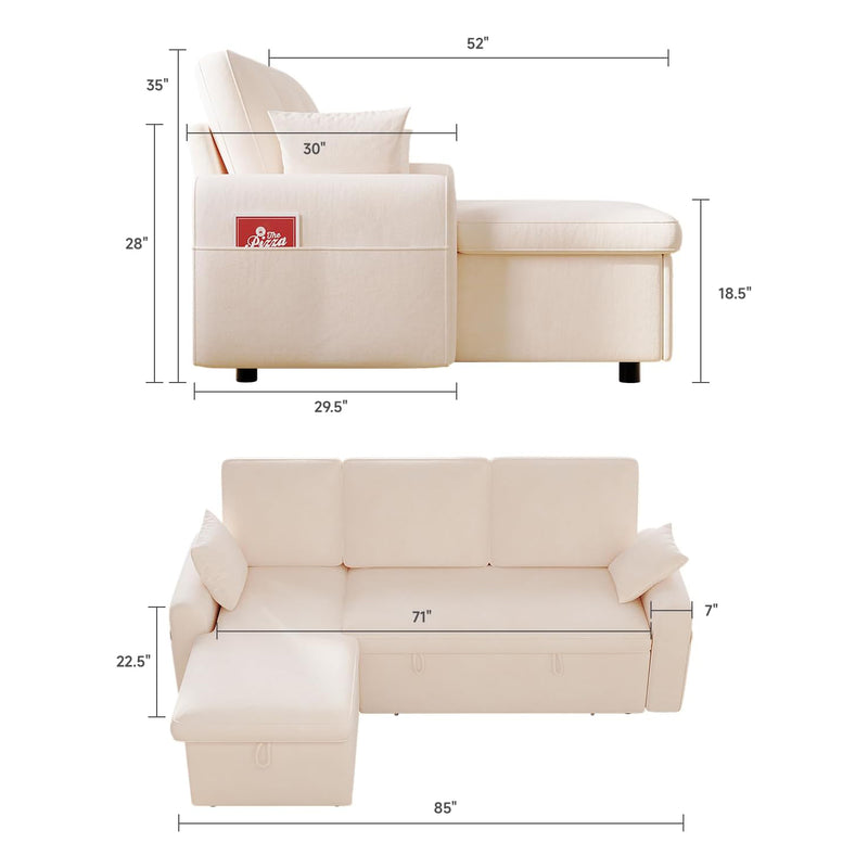 L Shaped Sleeper Sofa with Storage Chaise, Pull Out Couch Bed with 2 Pillows, Sectional Sleeper Couch for Living Room