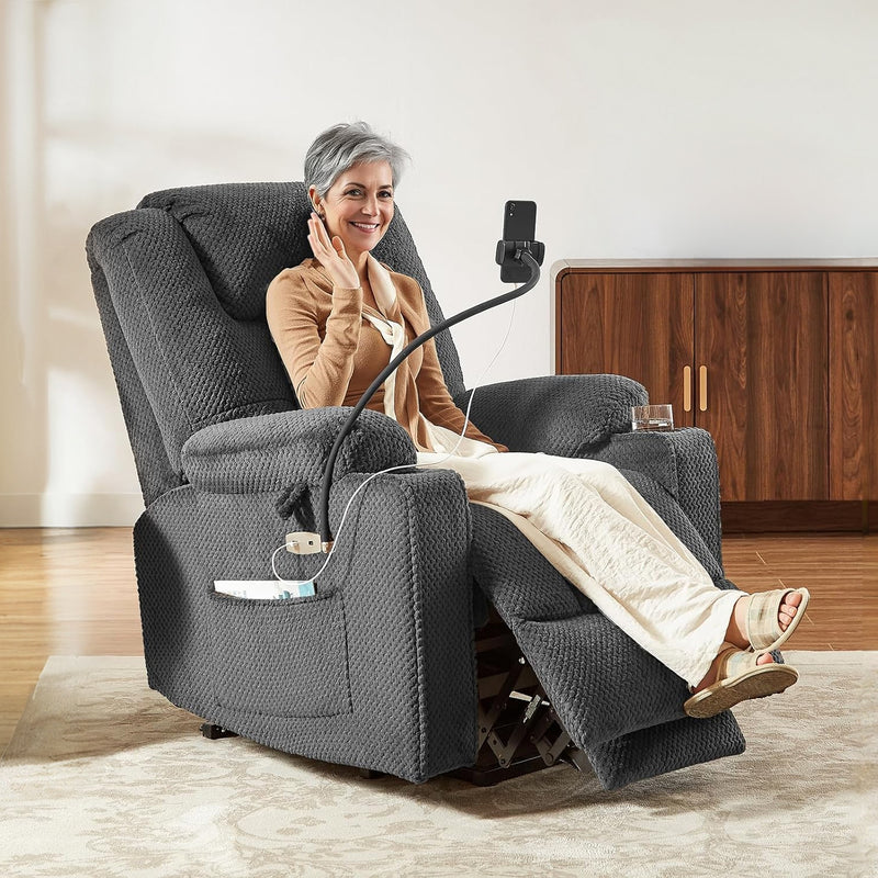 Power Recliner Chair with Massage and Heat Function, Velvet Fabric Electric Recliner with Extended Footrest, USB Port, Cup Holders