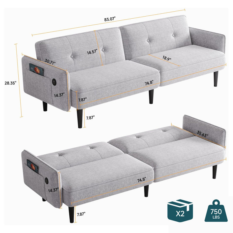 83" Loveseat Sofa Bed, Convertible Sleeper Couch Bed with Storage Pocket, Sleeper Sofa Bed with 3 Level Adjustable Backrest and Charging Port