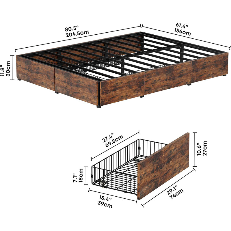 Bed Frame with 4 Drawers, Queen and King Size Headboardless Bed Frame