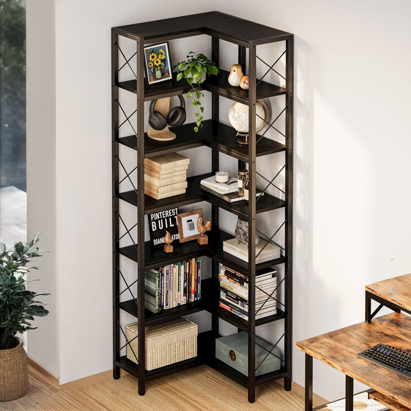 7-Tier Industrial Corner Bookshelf, Corner Shelf, Tall Storage Display Rack with Metal Frame, for Living Room, Home Office